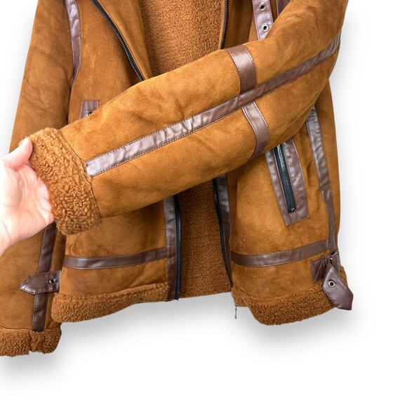 Rockstar Original Brown Suede Sherpa Lined Moto Heavy Zip Front Coat Size XL - Picture 4 of 8